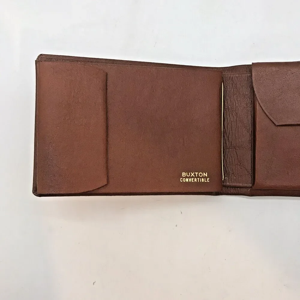 Vintage Buxton Convertible Cognac Leather Bifold Wallet Men's Brown Billfold NOS